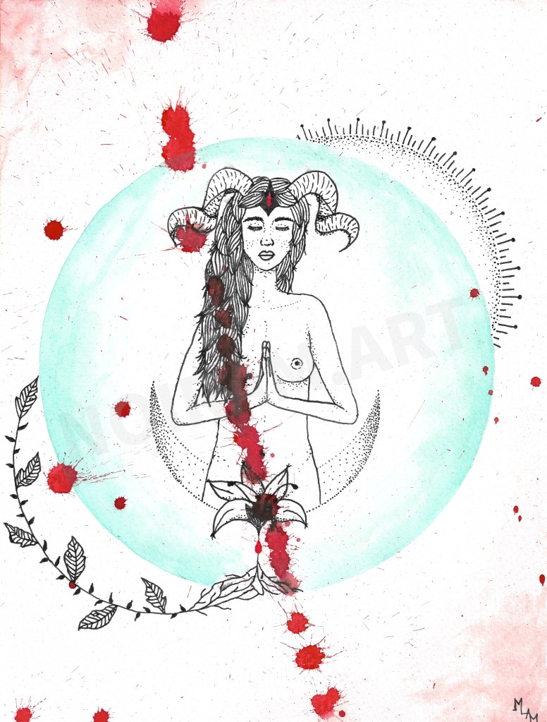 Aquarelle lignée féminine femme lune plantes astres sang menstrues cornes puissance mlam noiram marion-lorraine poncet