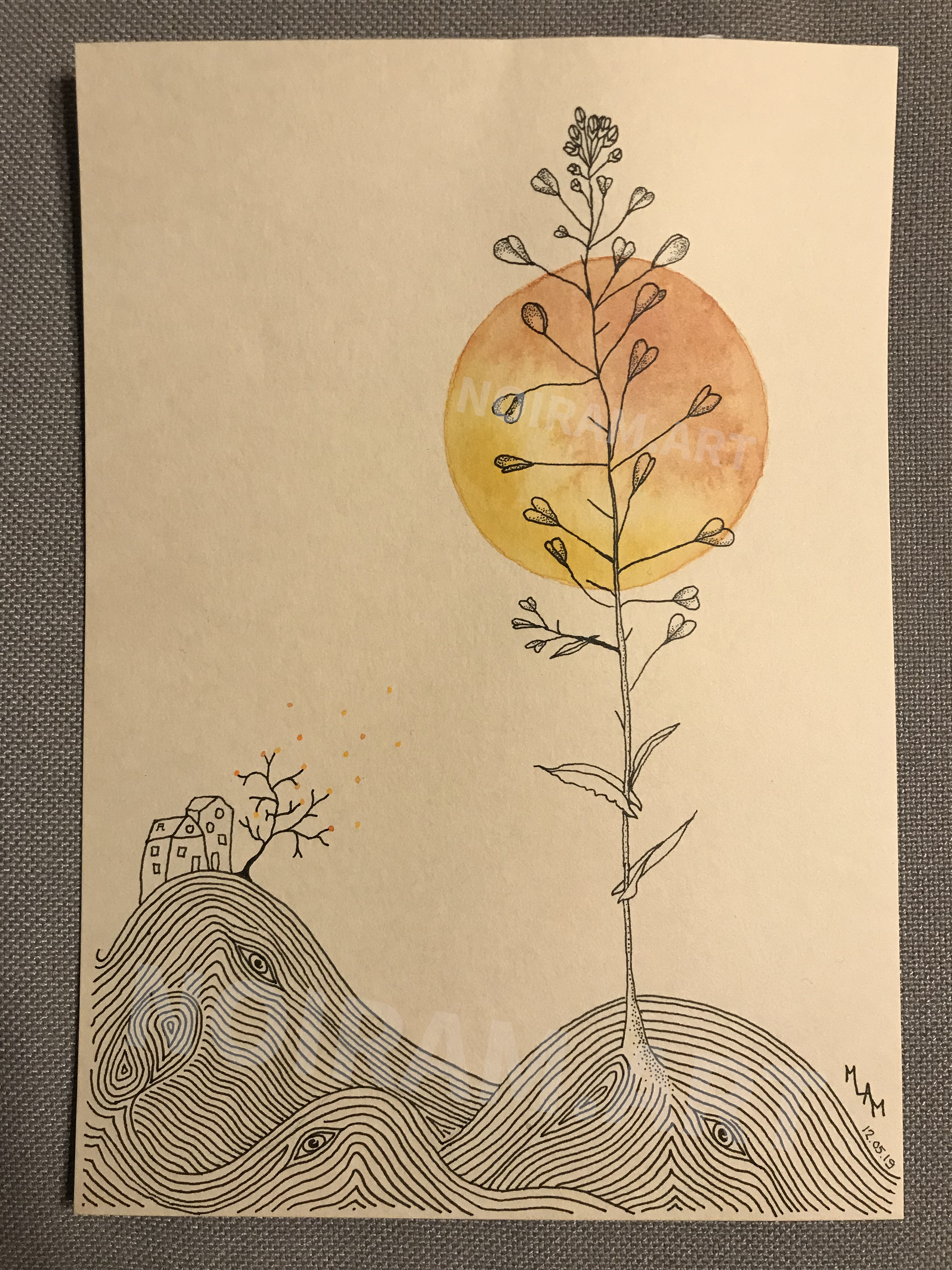 Aquarelle noiram mlam poncet soleil campagne laboure bourse à pasteur