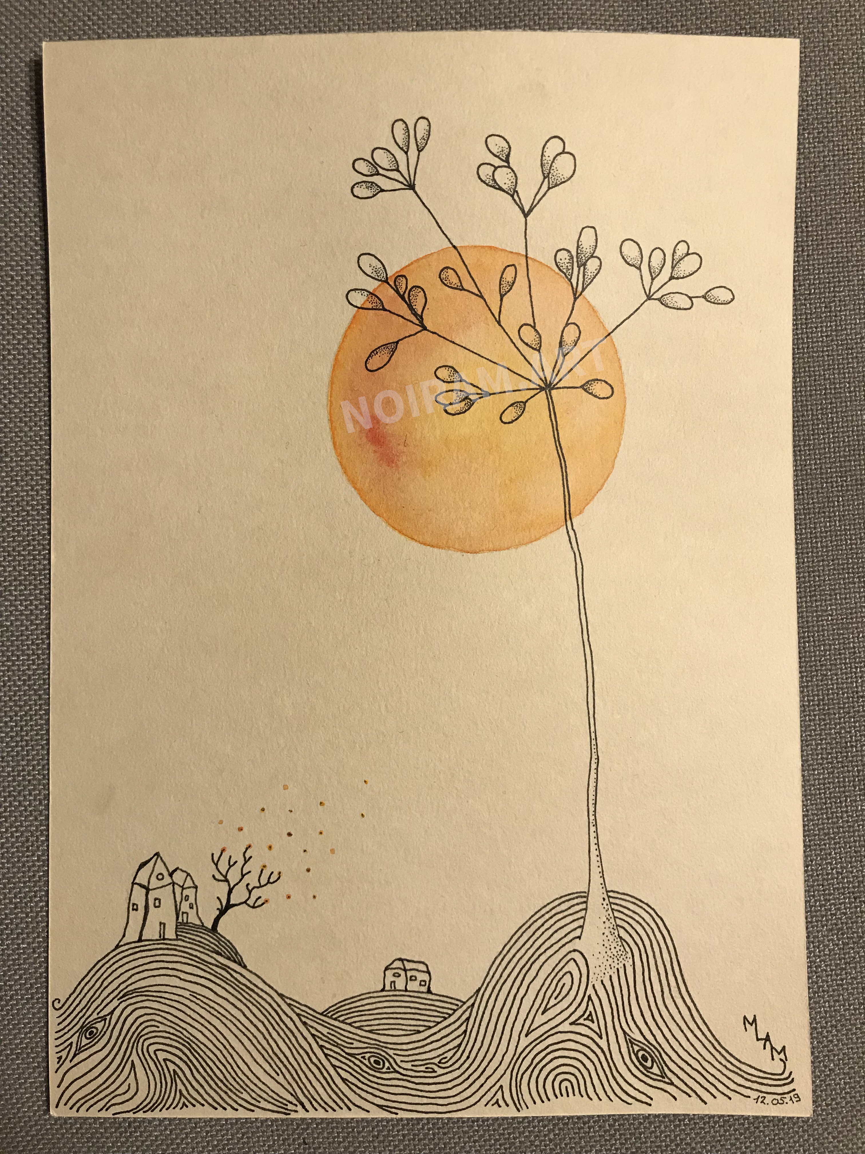 Aquarelle noiram mlam poncet soleil campagne laboure plante maisonnette