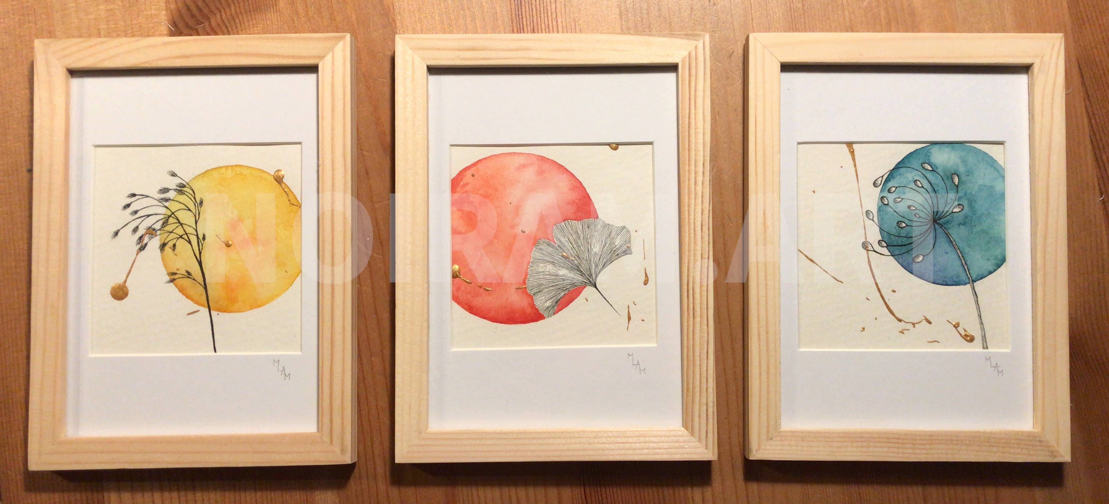 Aquarelle soleil levant le secrèt gingko comète planète plante mlam noiram marion-lorraine poncet