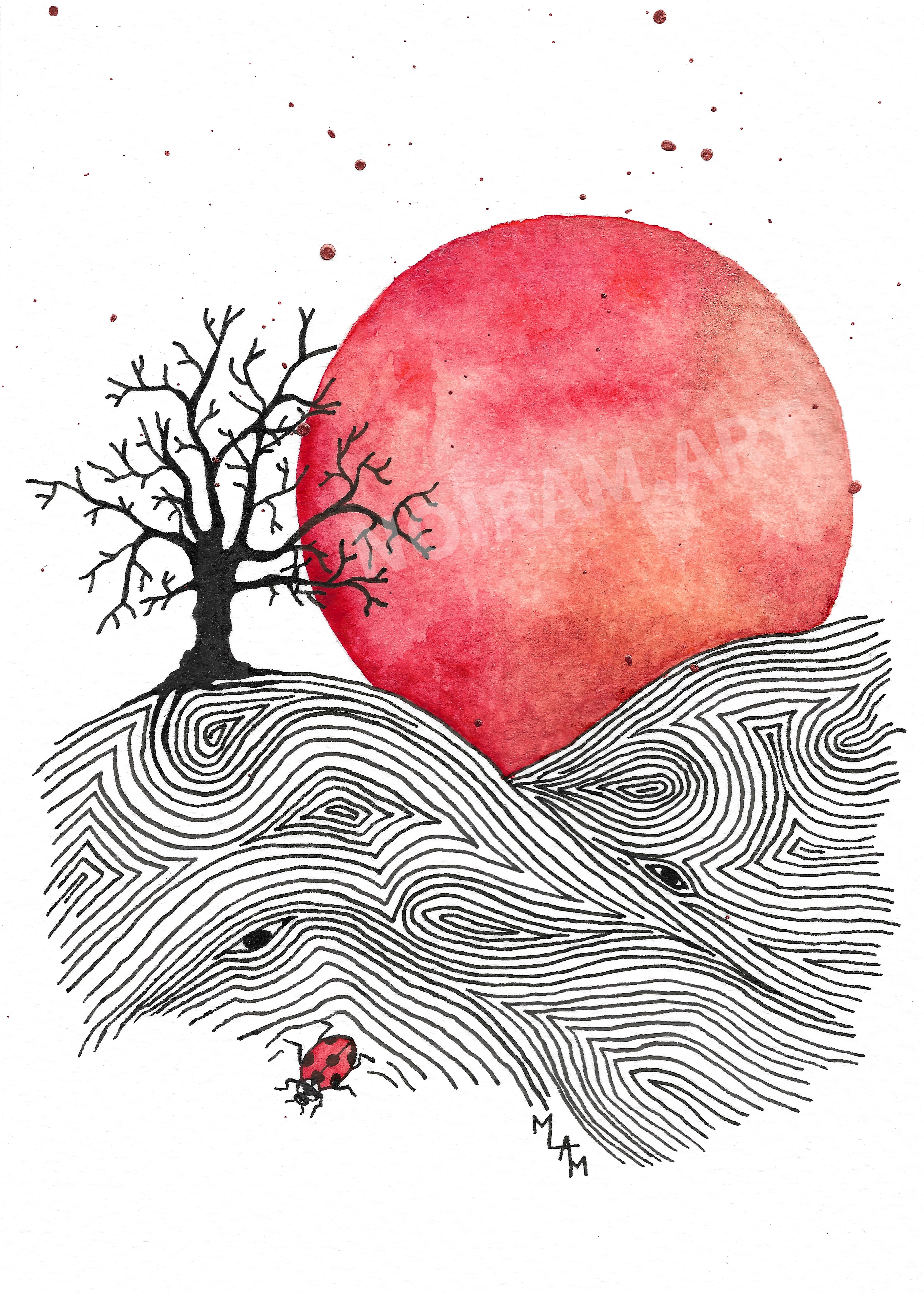 Aquarelle crépuscule arbre coccinelle laboure planète plante mlam noiram marion-lorraine poncet