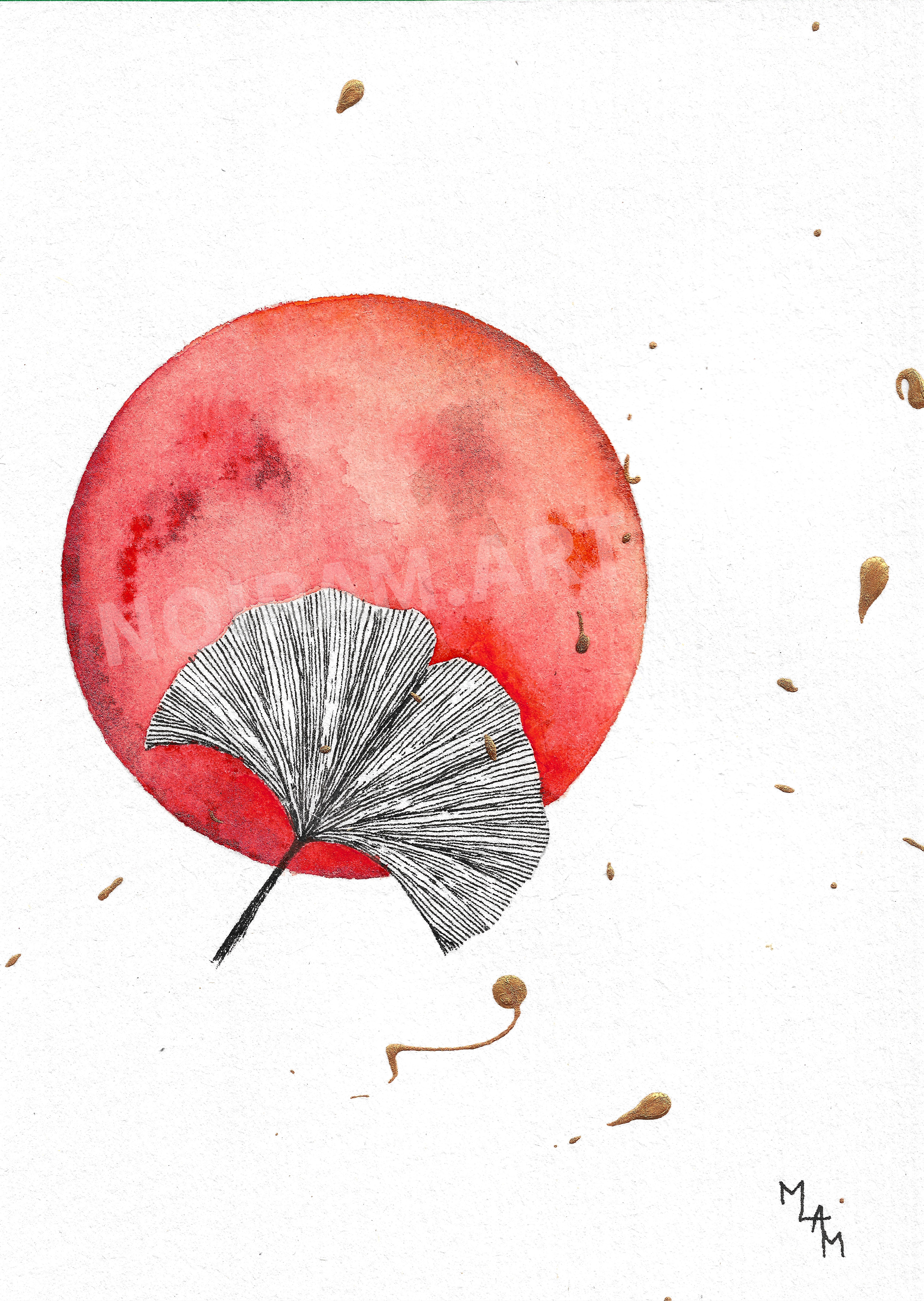 Aquarelle mars ginkgo rouge planète plante mlam noiram marion-lorraine poncet