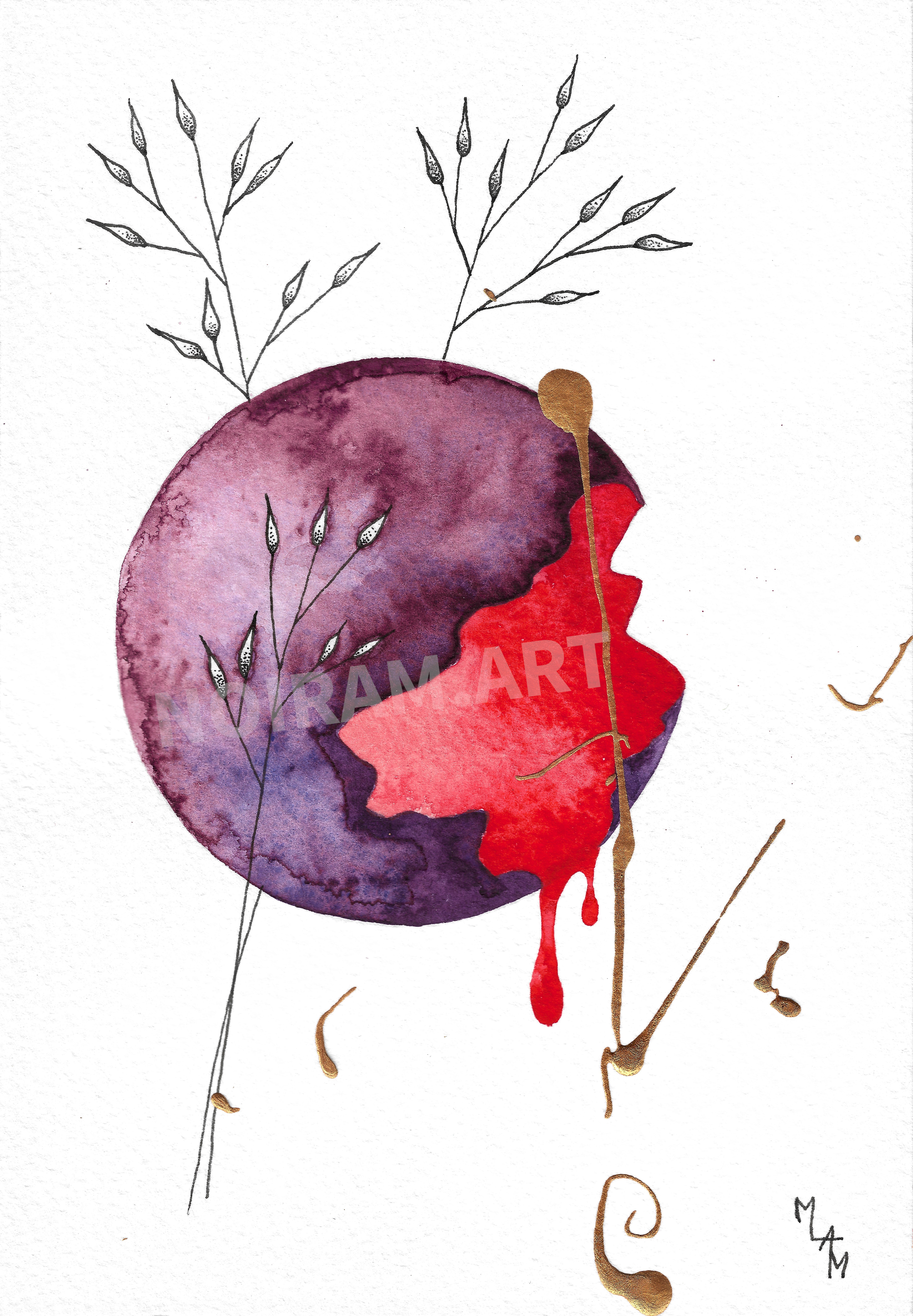 Aquarelle tragédie céleste sang dégouline planète plante mlam noiram marion-lorraine poncet