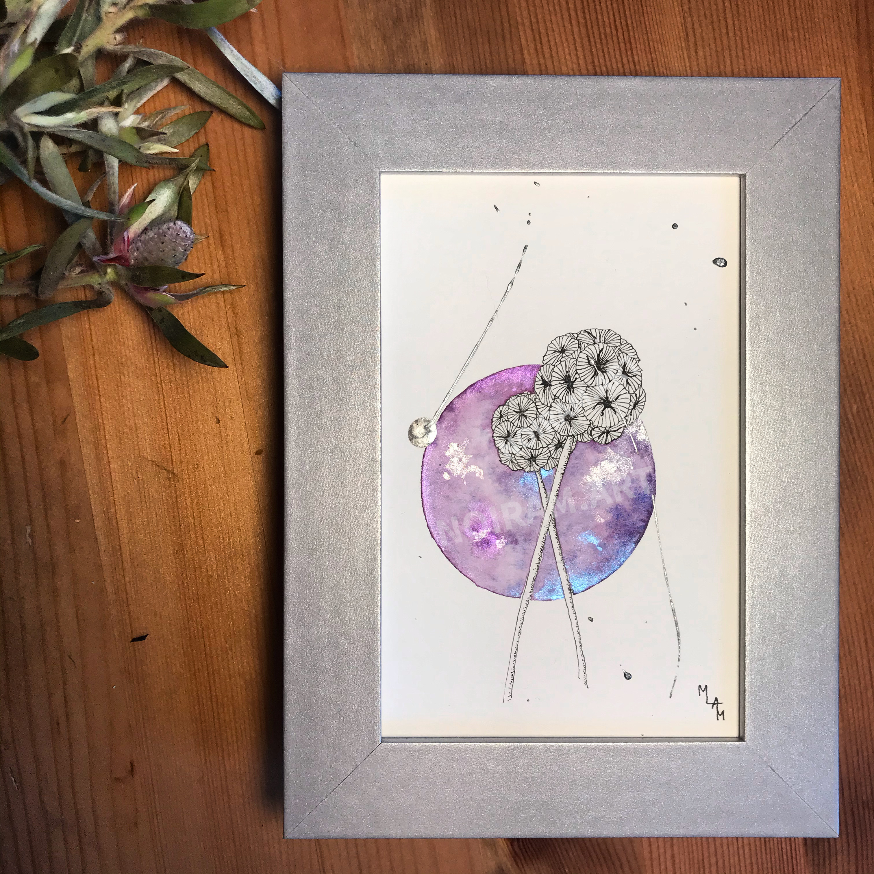 Aquarelle l'orbite de la chouette mlam noiram marion-lorraine poncet planète plante