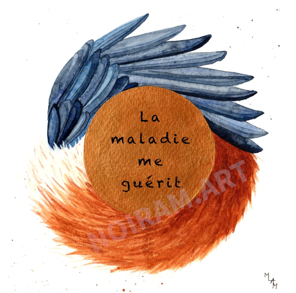 Aquarelle noiram mlam poncet la maladie me guérit queue de renard aile de corbeau logo