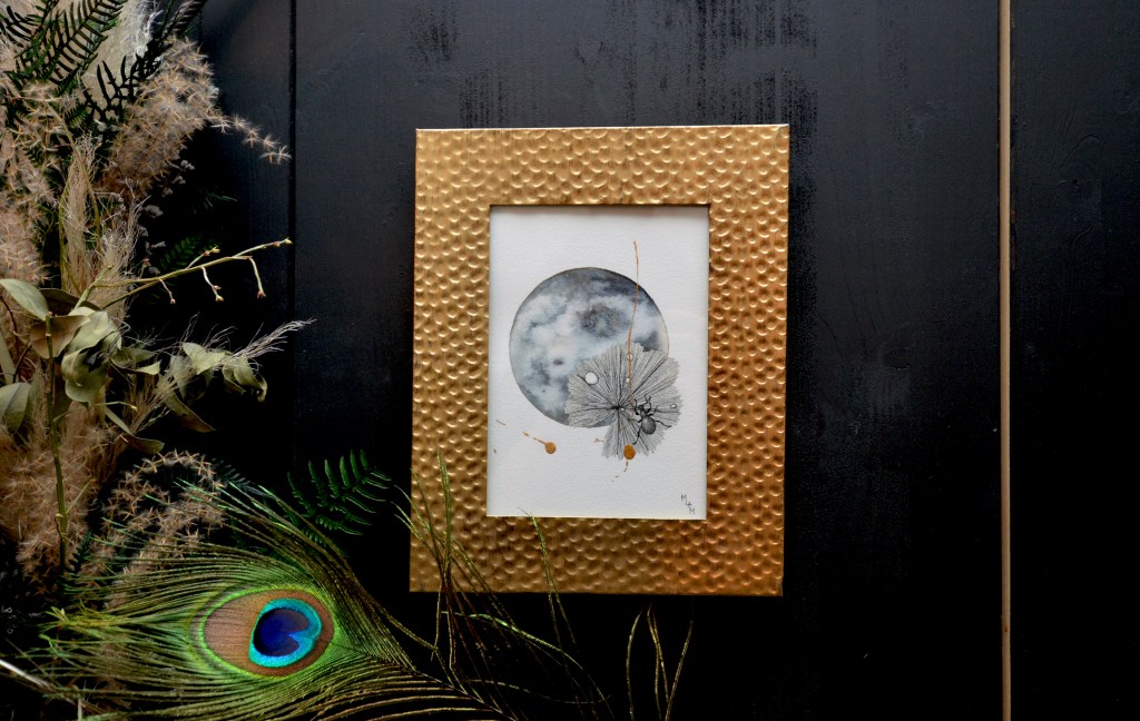 Aquarelle la métamorphose d'Hadès scarabé alchémille planète plante mlam noiram marion-lorraine poncet