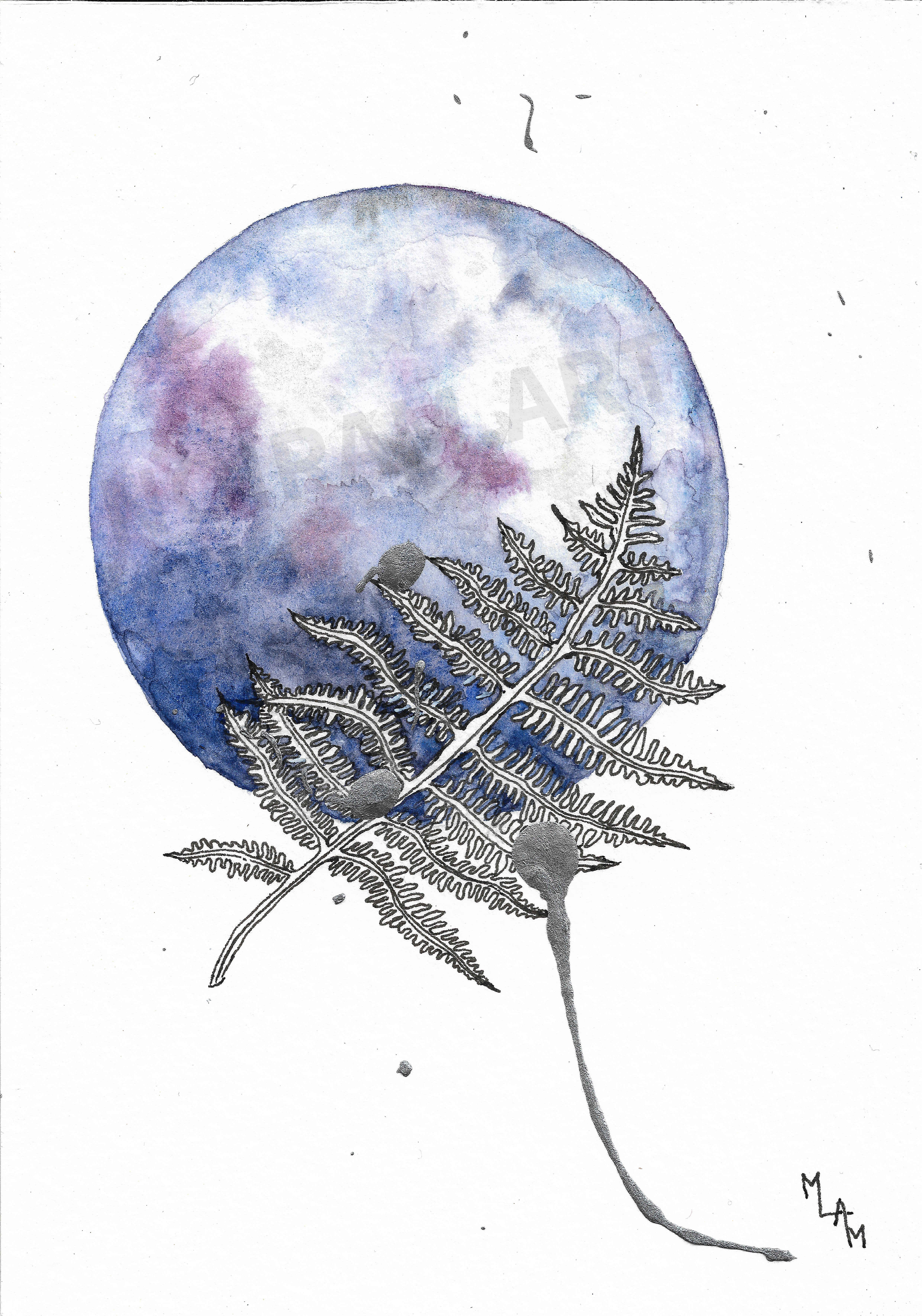 Aquarelle une infinité de possibles fougère violet planète plante mlam noiram marion-lorraine poncet