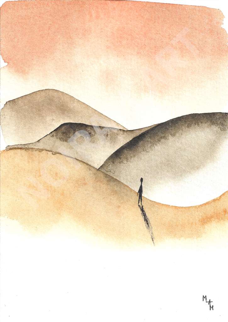 paysage dune montagne horizon personnage réflexion marion-lorraine poncet mlam noiram aquarelle