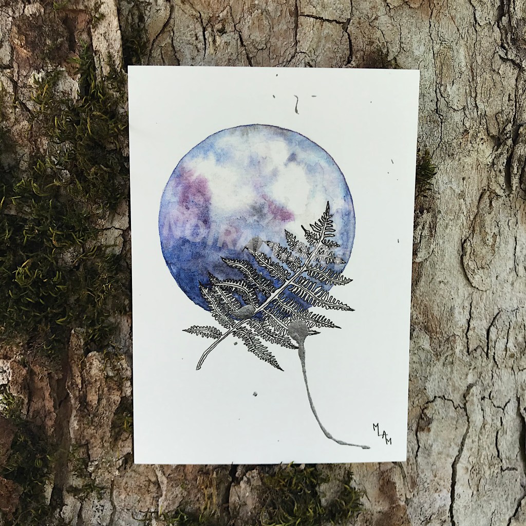 Aquarelle une infinité de possibles fougère violet planète plante mlam noiram marion-lorraine poncet carte