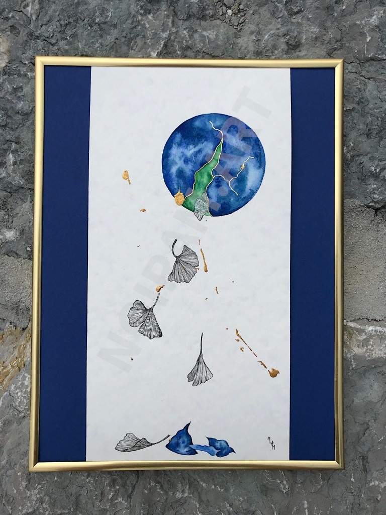 mlam noiram sous la surface planète gingko or dorure aquarelle