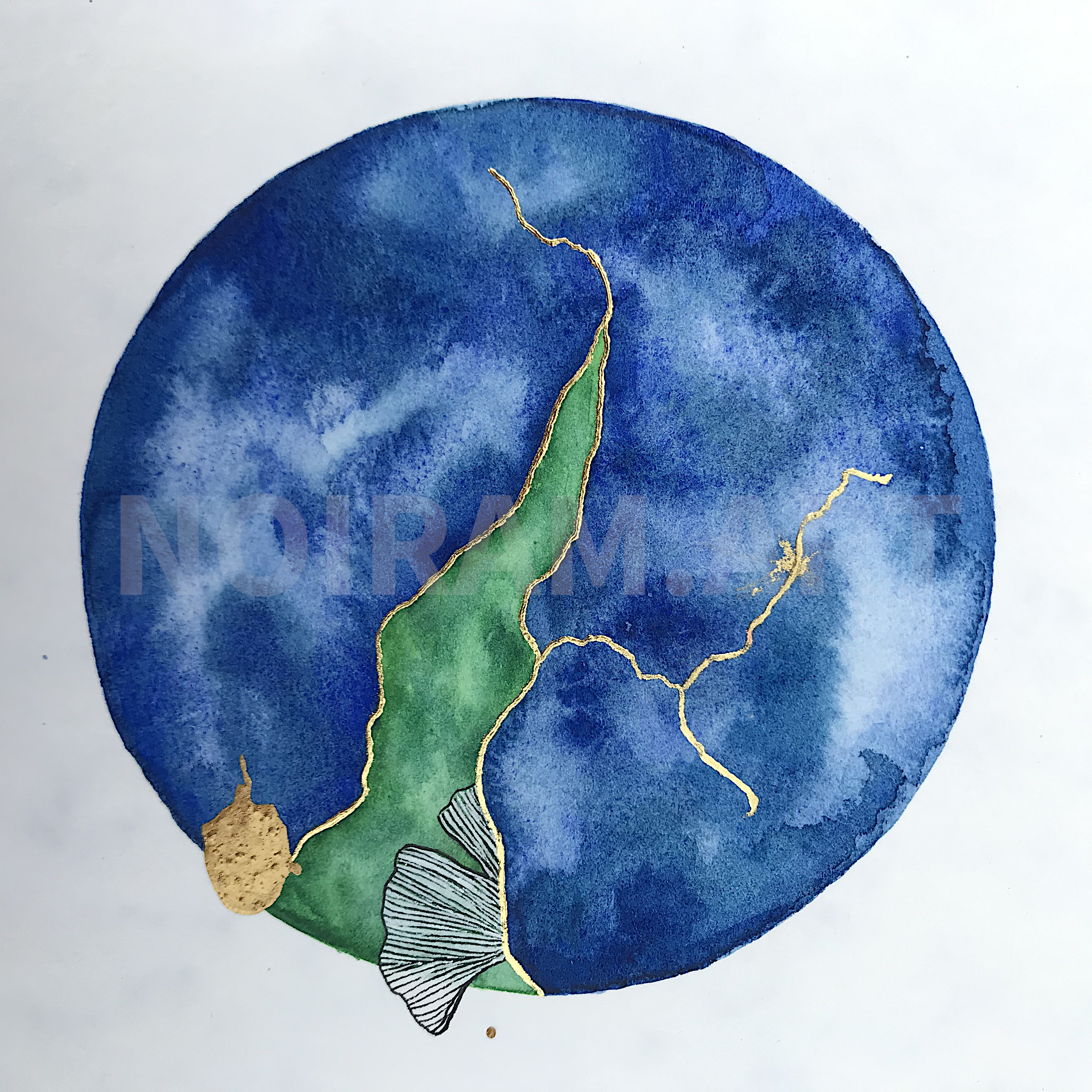 mlam noiram sous la surface planète gingko or dorure aquarelle